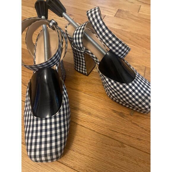 Zara Trafaluc Womens Gingham Black White Checkered Block Heel Ankle Strap sz 41 - Picture 1 of 8